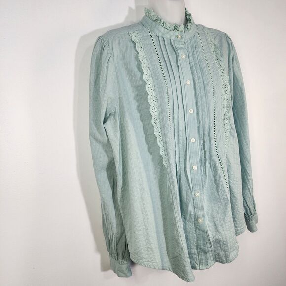 Loft Womens Blouse Medium Mint Green Lace Pleated Button Down Textured Long Slv - Picture 4 of 9